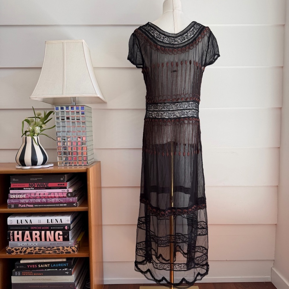Free People Black Sheer Embroidered Dress with Lace 20s Inspired - Picture 3 of 10